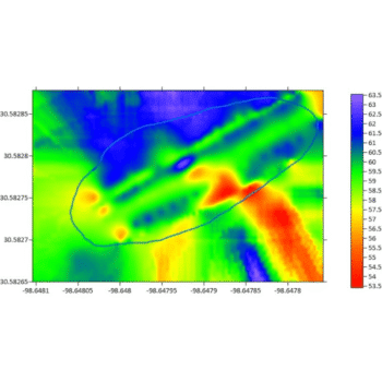 Gráfico de gradiente magnético con barra lateral de referencia numérica en nanoTeslas desde 53.5 hasta 63.5 para el software MGM 4000.