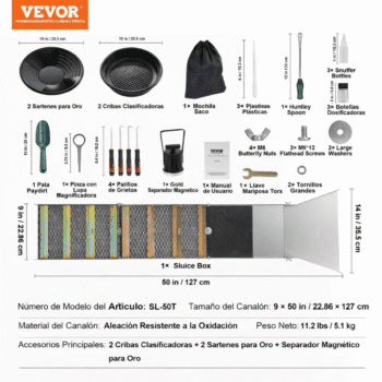 Vista general de todos los componentes y especificaciones del kit de prospección VEVOR de 50 pulgadas.