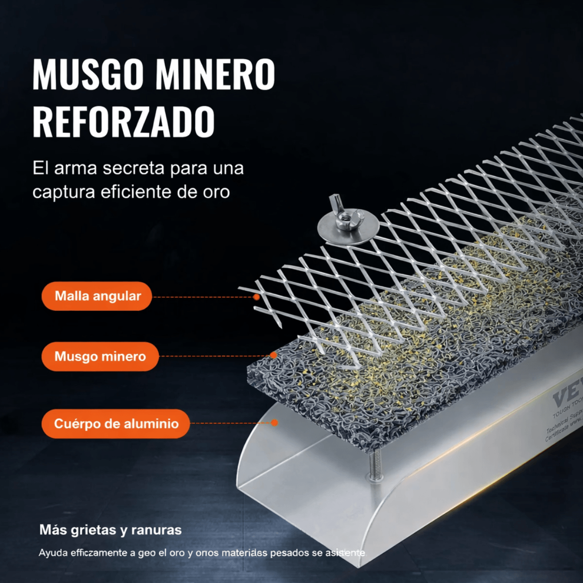 Vista detallada en capas del sistema de retención de la canaleta, destacando el musgo minero reforzado.