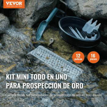 Equipo de prospección de oro VEVOR en pleno funcionamiento sobre el lecho de un río.