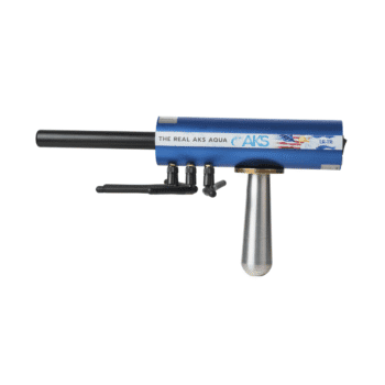 Detector de agua subterránea AKS AQUA azul con mango metálico y antenas sobre fondo blanco.