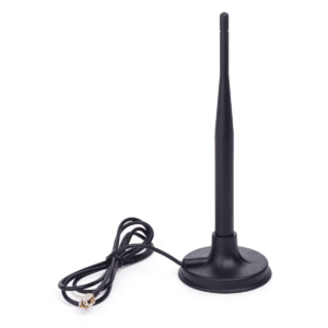 Antena de base magnética negra para detector AKS con cable y conector dorado SMA sobre fondo blanco.