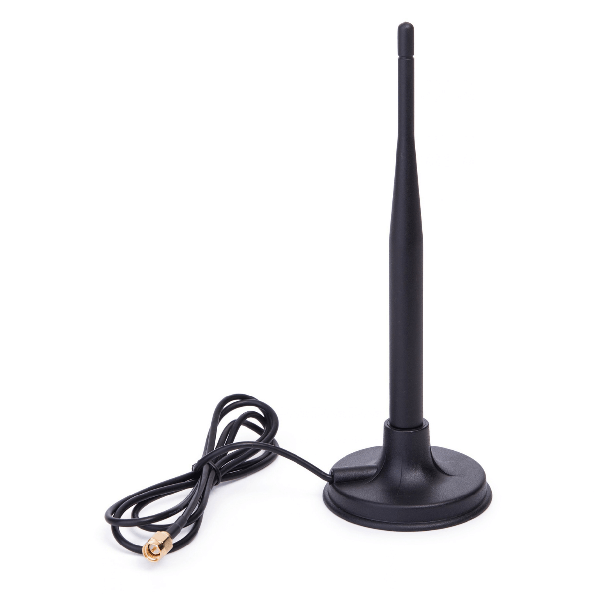 FILTRO AKS Antena de base magnética negra para detector AKS con cable y conector dorado SMA sobre fondo blanco.