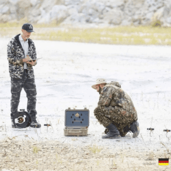 Técnicos especialistas utilizando el equipo de medición de agua subterránea OKM GeoSeeker Mini y sondas de electrodos al aire libre.