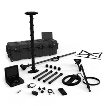Kit completo del escáner 3D OKM eXp 5500 Professional con maletín de transporte, múltiples sondas, bobinas y unidad de control sobre fondo blanco.