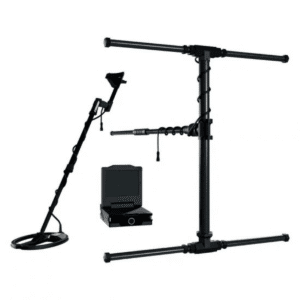 Elementos de hardware del detector de metales y escáner 3D OKM eXp 7000 Professional Plus: sonda de barra, conjunto de vástago y consola de pantalla táctil.